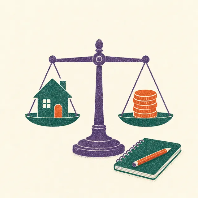 Balance scale holding a small house on one side and a stack of coins on the other, perfectly level
