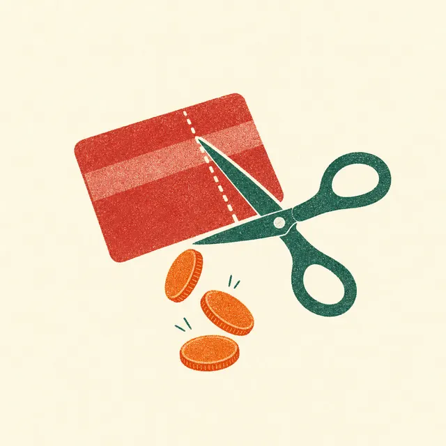 A blank payment card being cut along a dotted line with scissors as coins fall free