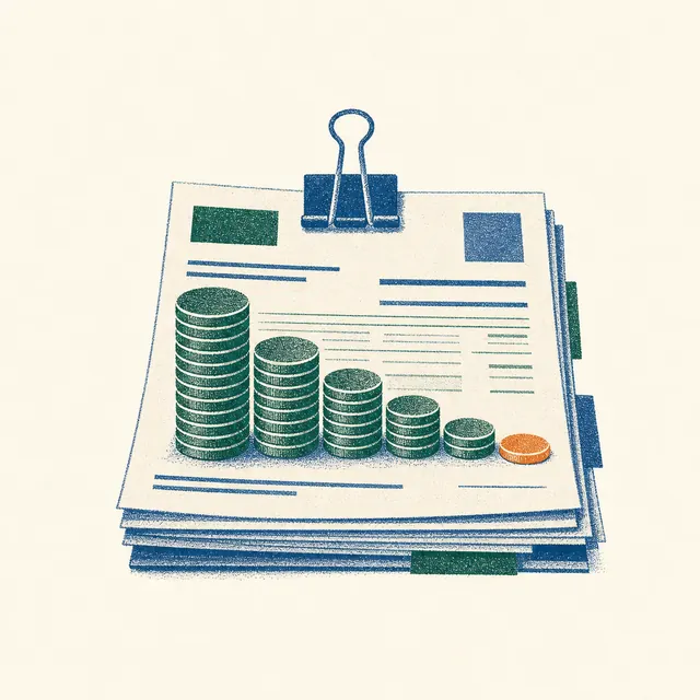 Stack of paper loan statements with a staircase of coins shrinking as the balance is paid down