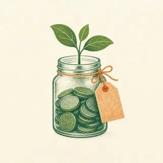 Glass savings jar full of coins with a green sprout growing from the top and a paper tag