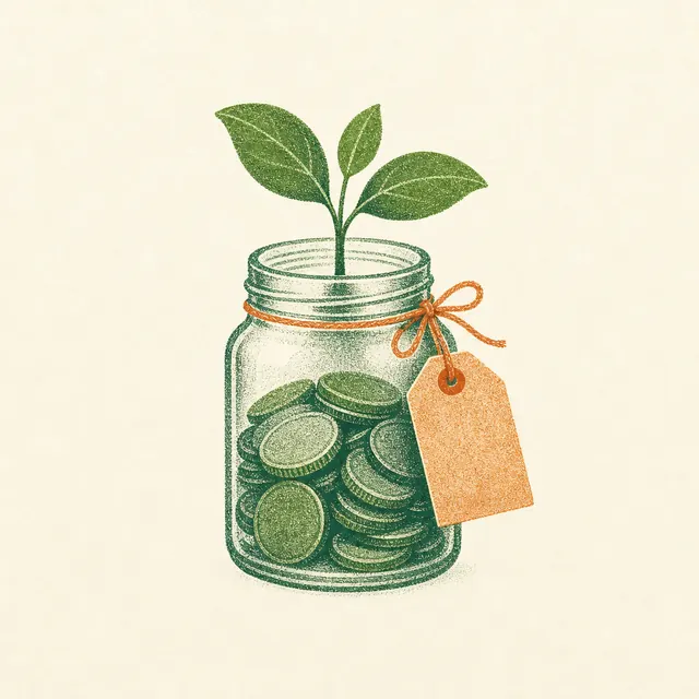 Glass savings jar full of coins with a green sprout growing from the top and a paper tag